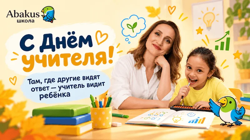 С Днём учителя! Педагог Школы Абакус и девочка за партой с абаком